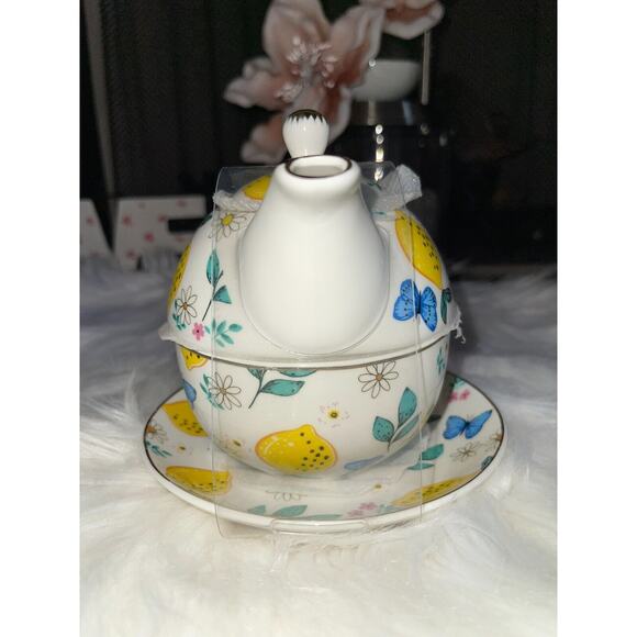 Grace's Teaware Lemons & Blue Butterflies Stacking Teapot & Teacup and Saucer - Picture 4 of 10